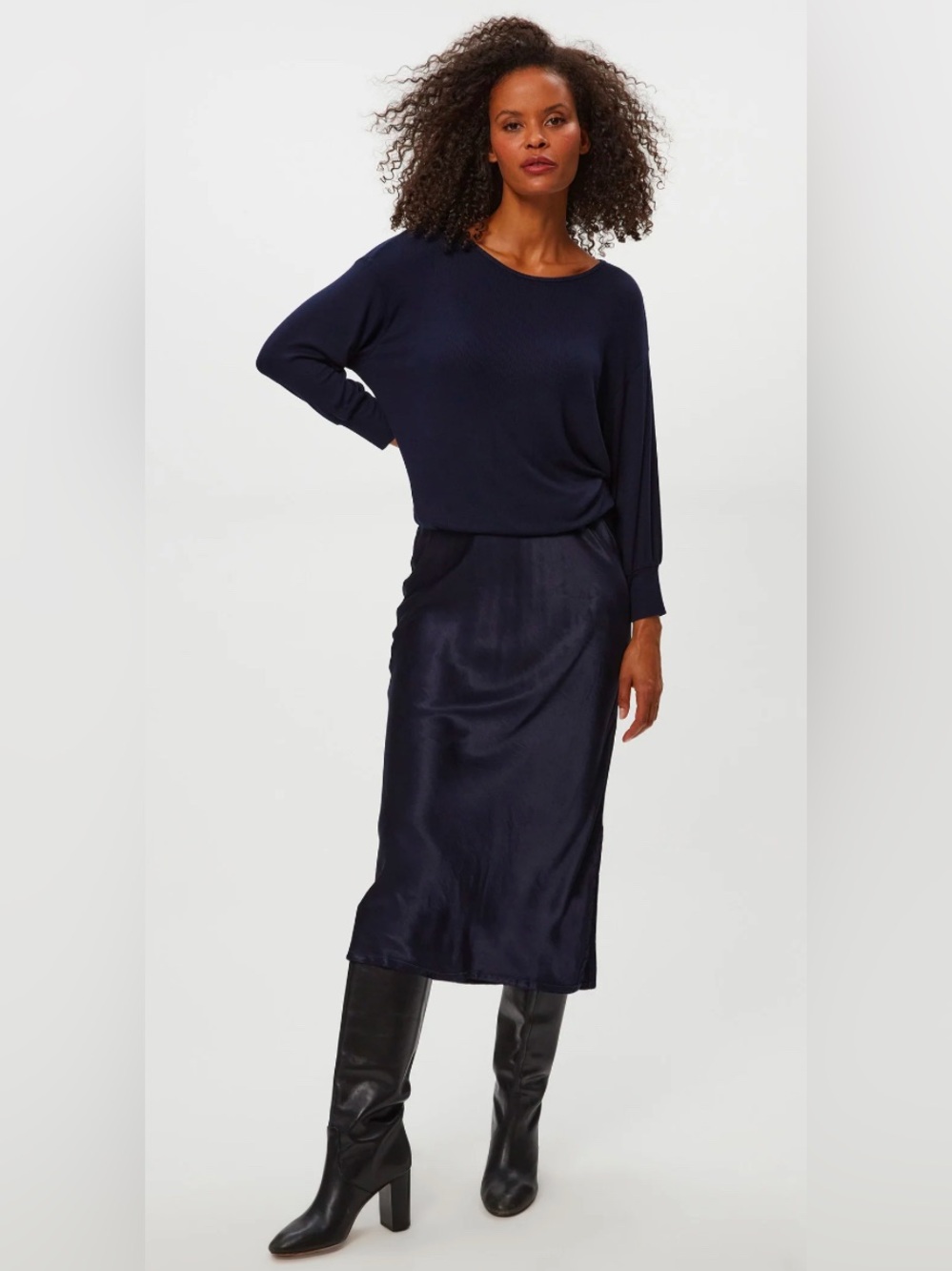 Michael Stars Navy Nadia Mixed Fabric Satin Dress